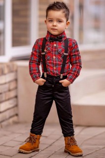 Suits - Boy's New Scottish Shirt and Suspended Black Pants Bottom Top Suit 100328119 - Turkey