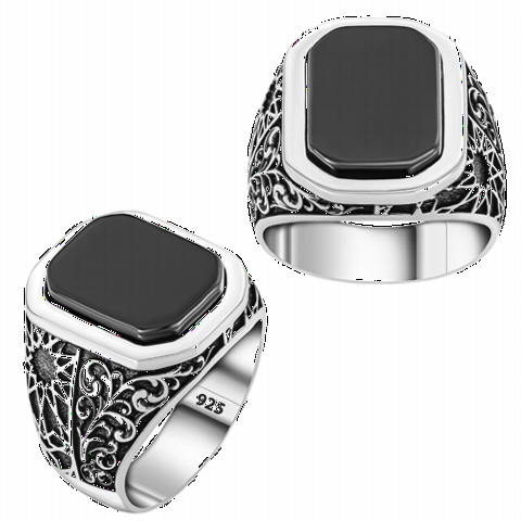Onyx Stone Rings - Onyx Stone Silver Ring with Embroidered Sides 100350314 - Turkey