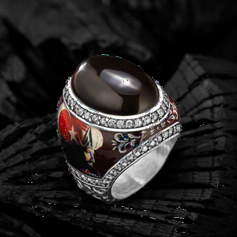 Exclusive Rings - Fatih Sultan Mehmet Picture Embroidered Tugra Silver Ring 100349396 - Turkey
