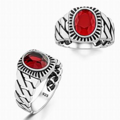 Zircon Stone Rings - Knitted Patterned Red Zircon Stone Sterling Silver Ring 100346371 - Turkey