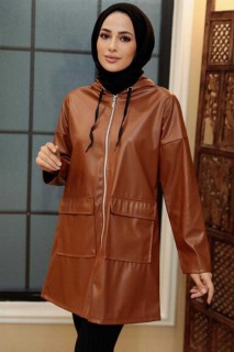Coat - Brown Hijab Faux Leather Cap 100344943 - Turkey