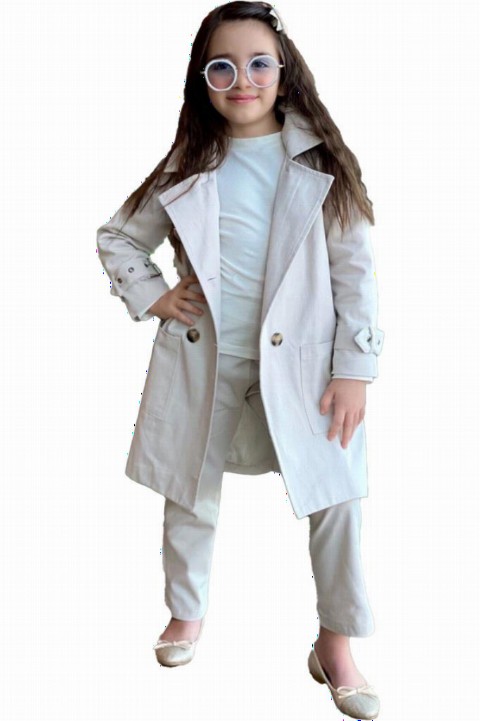 Coat, Trench Coat - Girl's Waist Belted Gabardine Trench Coat Pants and Blouse Beige Bottom Top Set 100327390 - Turkey