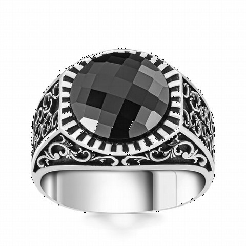 Ottoman Pattern Black Zircon Stone Silver Ring 100350330