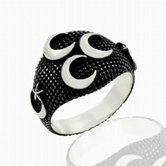 Special Black Background Moon Star And Three Crescent Motif Sterling Silver Men's Ring 100348797