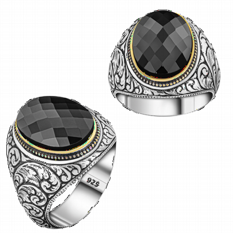 Zircon Stone Rings - Sterling Silver Men's Ring With Black Zircon Stones On The Sides 100350325 - Turkey