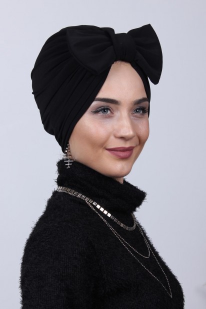 Woman Bonnet & Turban - Bidirectional Cap Black With Filled Bow 100284882 - Turkey