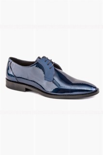 Shoes - Men's Navy Blue Neolit ​​Classic Lace-Up Patterned Patent Leather 100% Leather Shoes 100351096 - Turkey
