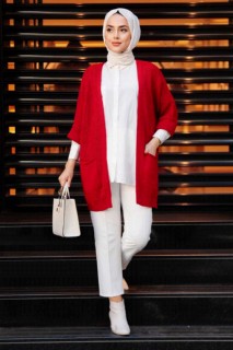 Outwear - Red Hijab Knitwear Cardigan 100345043 - Turkey