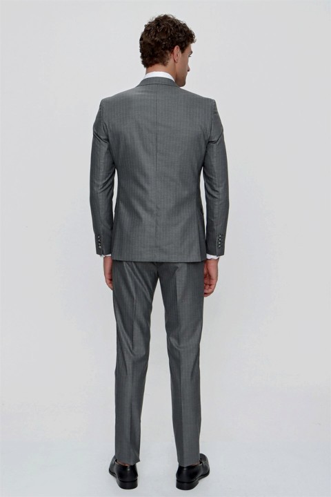 Men's Gray Striped Double Breasted Slim Fit Slim Fit 6 Drop Suit 100351002