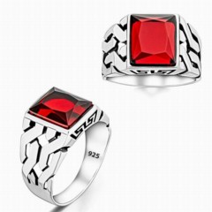 Zircon Stone Rings - Red Square Stone 925 Sterling Silver Men's Ring 100346368 - Turkey