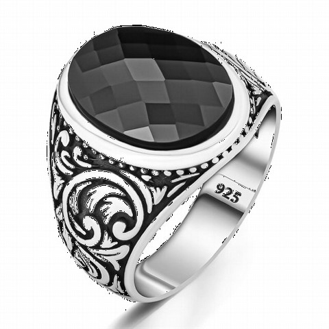 Onyx Stone Rings - Black Cut Onyx Stone Men's Sterling Silver Ring 100350354 - Turkey