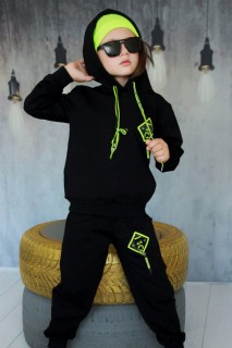 Tracksuit Set - Boys Digital Printed Rope Detailed Hooded Black Tracksuit Suit 100328669 - Turkey