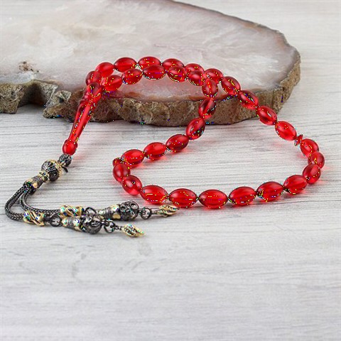 Men - Red Color Silver Tassel Edging Coated Spinning Amber Rosary 100349520 - Turkey