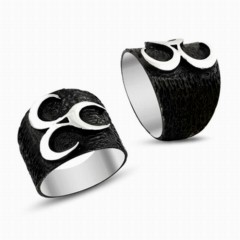 Moon Star Rings - Special Black Background Three Crescent Motif Sterling Silver Men's Ring 100348788 - Turkey