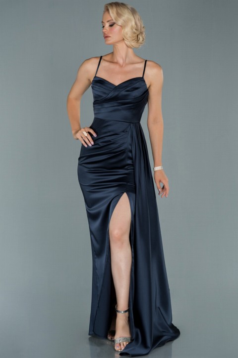 Woman Clothing - Evening Dress Strapless Satin Long Evening Dress 100297544 - Turkey