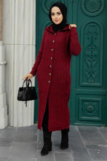 Cardigan - Claret Red Hijab Knitwear Cardigan 100345030 - Turkey