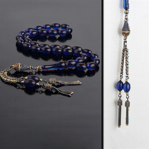 Men - Zircon Stone Embellished Navy Blue Silver Spinning Amber Rosary 100349525 - Turkey