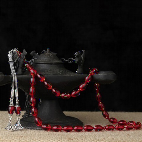 Men - Red Tassel Tugra Motif Spinned Amber Rosary 100349473 - Turkey