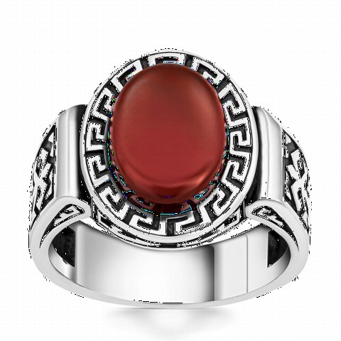 Agate Stone Rings - Labyrinth Patterned Red Agate Silver Ring 100350228 - Turkey