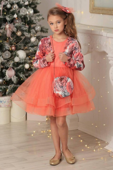 Evening Dress - Girls Flower Bolero Fluffy Tulle Bag Pomegranate Flower Evening Dress 100327150 - Turkey