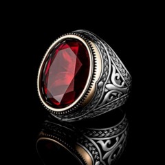 Zircon Stone Rings - Red Cut Zircon Stone Embroidered Sterling Silver Ring 100346463 - Turkey