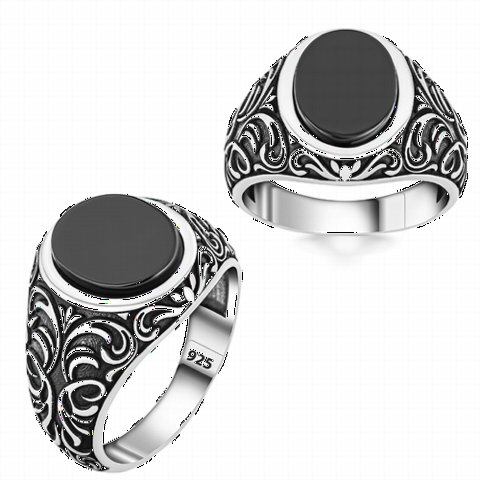 Onyx Stone Rings - Ottoman Motif Onyx Stone Silver Ring 100350310 - Turkey