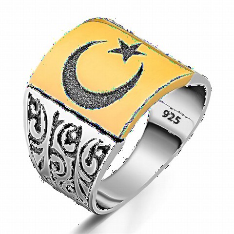 Moon Star Rings - Star and Crescent Embroidered Silver Ring on Gold Plate 100349319 - Turkey