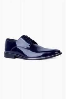 Shoes - حذاء جلد برباط من الجلد اللامع ​​باللون الأزرق الداكن للرجال 100350570 - Turkey