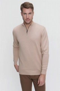 Zero Collar Knitwear - Beige Rundhals-Strickpullover aus Baumwolle für Herren 100345125 - Turkey