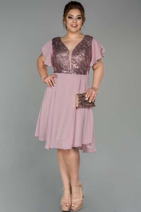 Plus Size - Evening Dress Short Sequined Chiffon Short Sleeve Plus Size Evening Dress 100296446 - Turkey