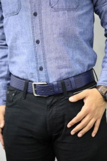 Belt - Guard Navy Blue Knit Pattern Leather Belt 100345953 - Turkey