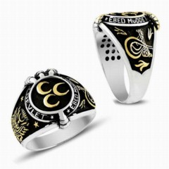 Moon Star Rings - Oval Three Crescent Ottoman Coat of Arms Patterned Silver Men's Ring 100348914 - Turkey