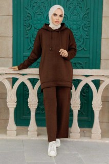 Outwear - Brown Hijab Knitwear Double Suit 100345013 - Turkey