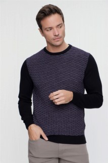 Zero Collar Knitwear - Men's Purple Cycling Crew Neck Dynamic Fit Comfortable Cut Knit Pattern Knitwear Sweater 100345133 - Turkey