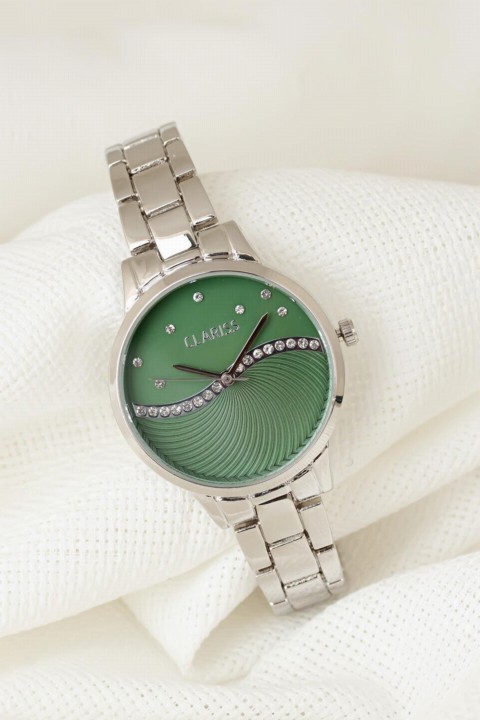Woman Watch - Silver Color Metal Band Green Color Zircon Stone Interior Design Clariss Brand Women's Wristwatch 100318822 - Turkey