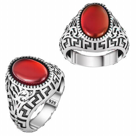 Agate Stone Rings - Greek Patterned Red Agate Stone Silver Ring 100350328 - Turkey