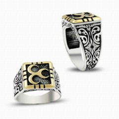 Moon Star Rings - Square Cut Three Crescent Motif Sterling Silver Men's Ring 100348916 - Turkey