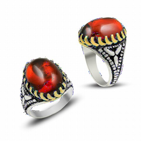 Agate Stone Rings - Red Agate Stone 925 Sterling Silver Men's Ring 100349301 - Turkey
