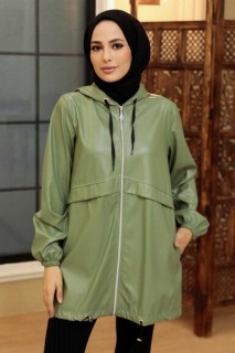 Coat - Almond Green Hijab Faux Leather Cap 100344948 - Turkey