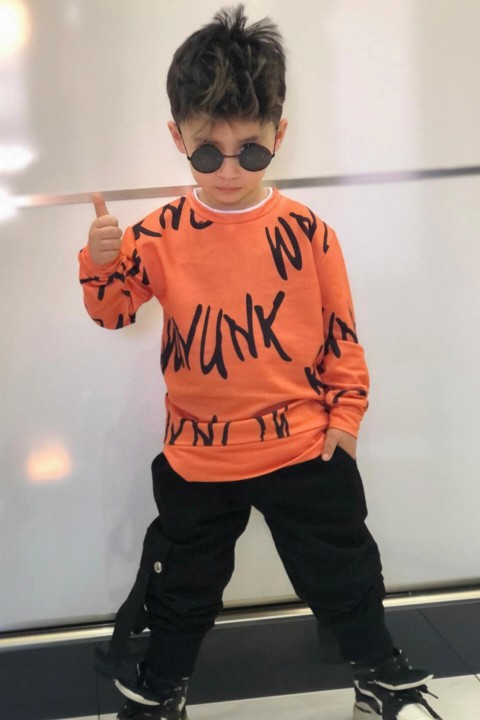 Suits - Boys Orange Bottom Top Suit with Cargo Pocket Pants and T-Shirt Detail 100328168 - Turkey