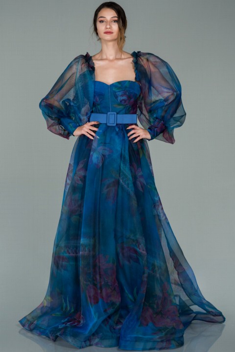 Woman - Evening Dress Long Sleeve Printed Evening Dress 100298576 - Turkey
