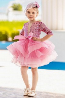 Evening Dress - Girl's Half Sleeve Skirt Fluffy Tulle Pulpeau Pink Evening Dress 100328475 - Turkey