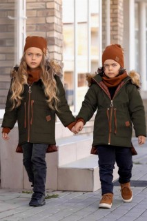 Coat, Trench Coat - Girls Boys' Hoodie With Fur Collar And Beret Khaki Coat 100328610 - Turkey