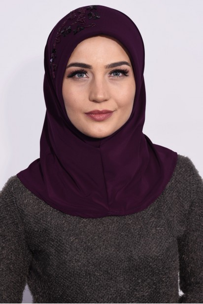 Evening Model - Pratique Sequin Hijab Prune - Turkey