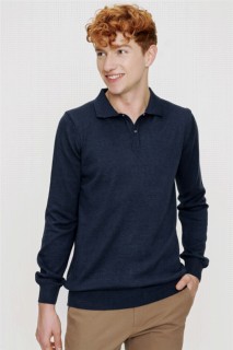 Polo Collar Knitwear - سترة تريكو بياقة بولو نيلية ذات قصة ديناميكية أساسية للرجال 100345108 - Turkey