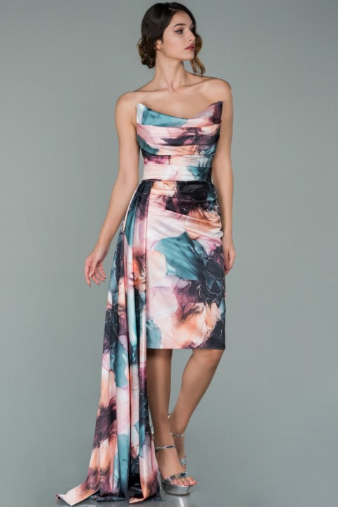 Woman Clothing - Evening Dress Strapless Tailed Printed Midi Evening Dress 100298542 - Turkey