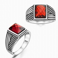 Zircon Stone Rings - Red Baguette Zircon Stone Sterling Silver Ring 100346380 - Turkey