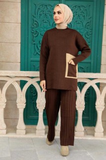 Outwear - Brown Hijab Knitwear Double Suit 100345010 - Turkey