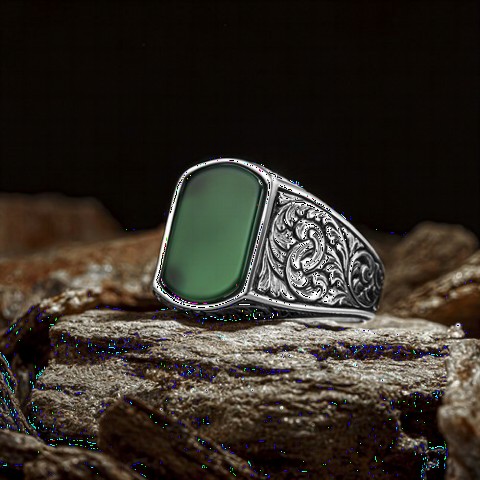 Agate Stone Rings - Pen Embroidered Green Agate Stone Silver Ring 100349765 - Turkey