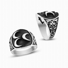Moon Star Rings - Three Crescent Pattern Black Ground Silver Men's Ring 100348794 - Turkey